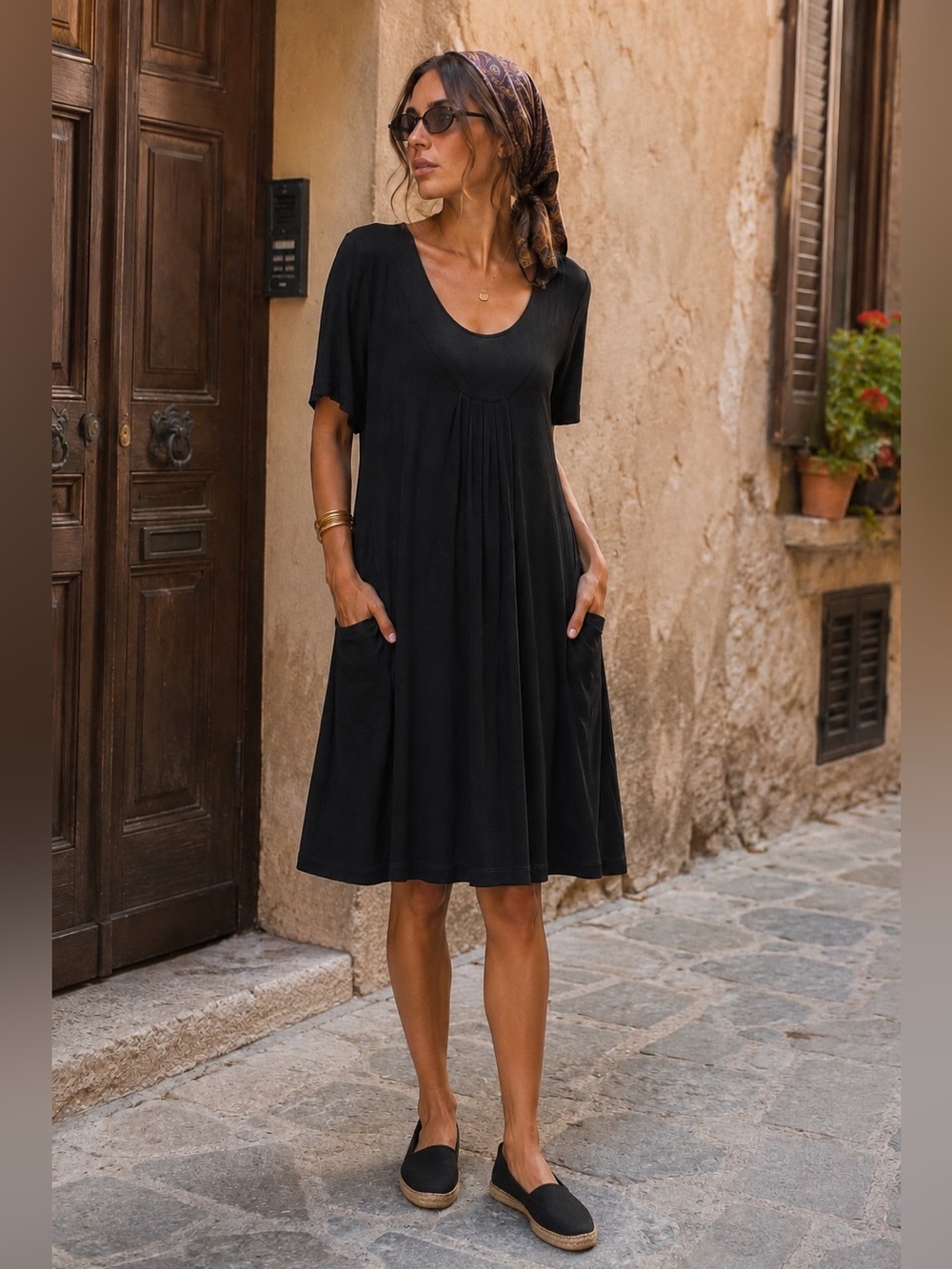 Fresh Produce Black Lagenlook Swing Midi Dress Pockets Resort Elevated Basics L